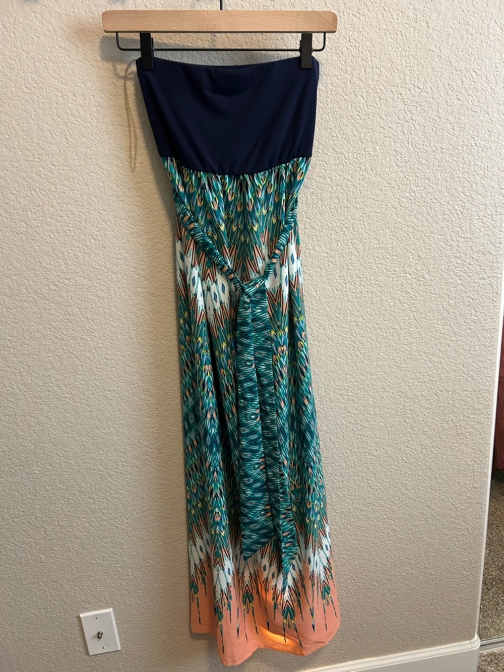 love, Fire Navy Strapless Maxi Dress with Teal and Coral Print